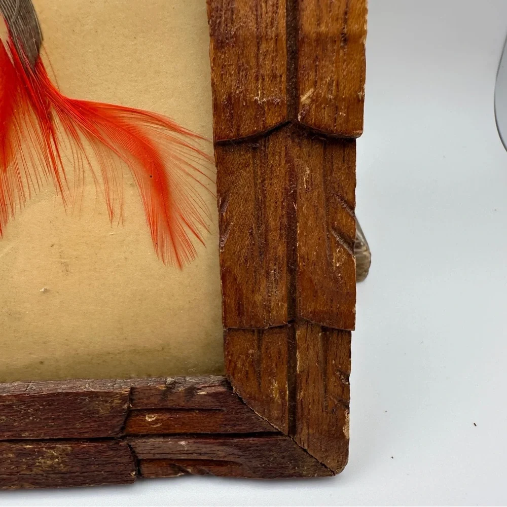 Vibrant Vintage Mexican Folk Art Feather Craft Red Bird Picture Carved Frame - Picture 8 of 16